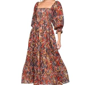 NWOT Women's Red Multi Chiffon Smocked Bodice Midi Dress